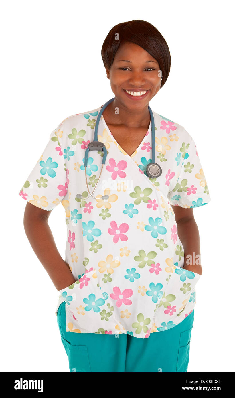 Un americano africano infermiere è sorridente alla fotocamera. Foto Stock