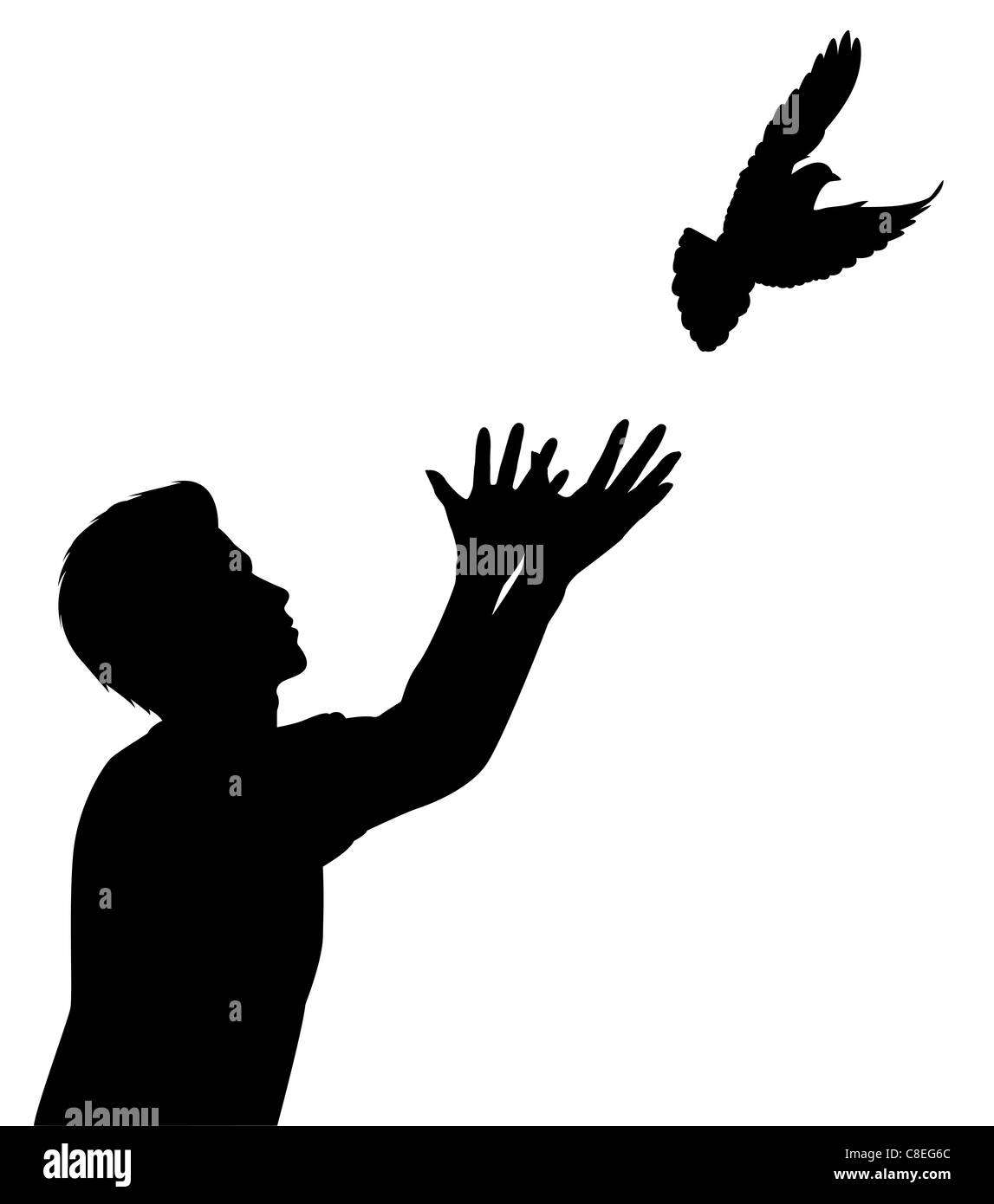 Illustrate la silhouette di un uomo rilasciando una colomba Foto Stock Illustrate la silhouette di un uomo rilasciando una colomba Foto Stock