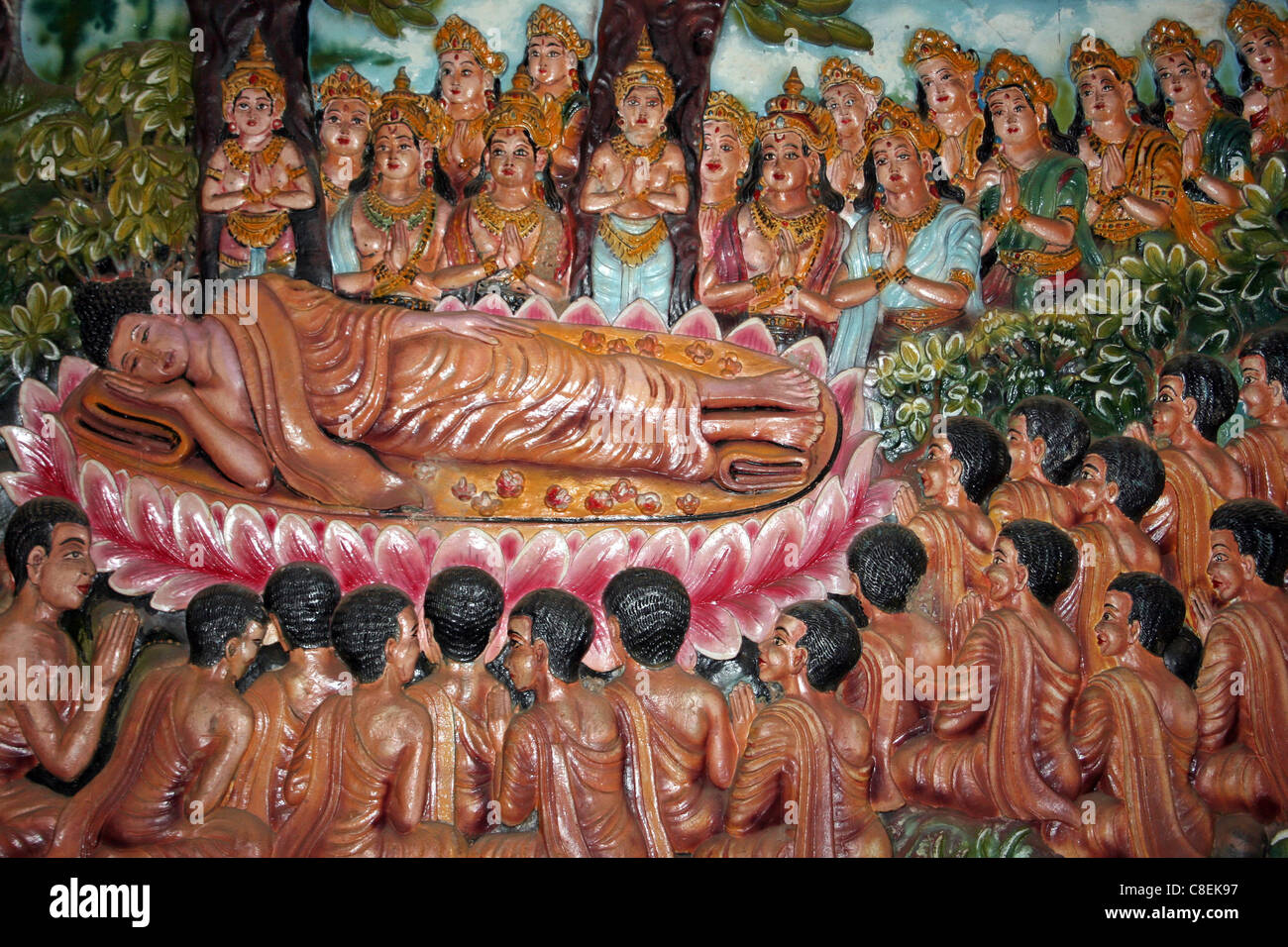 Raffigurante il Buddha favole In Brahmavira Arama tempio buddista, Bali Foto Stock