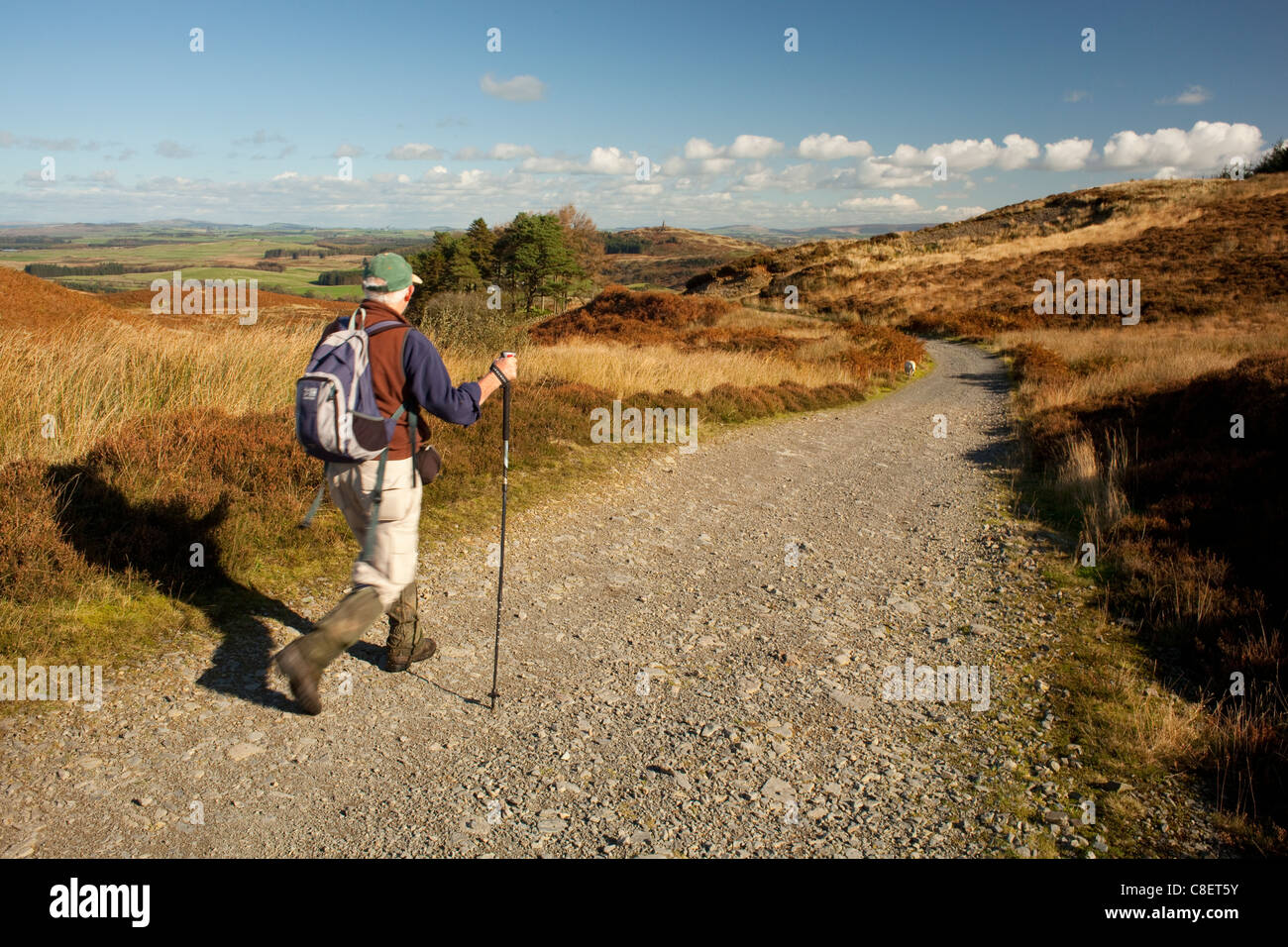 Anziani, maschi walker percorrendo a piedi via da Loch Mannoch guardando attraverso un autunnale di Galloway al monumento sulla collina Barstobrick Foto Stock