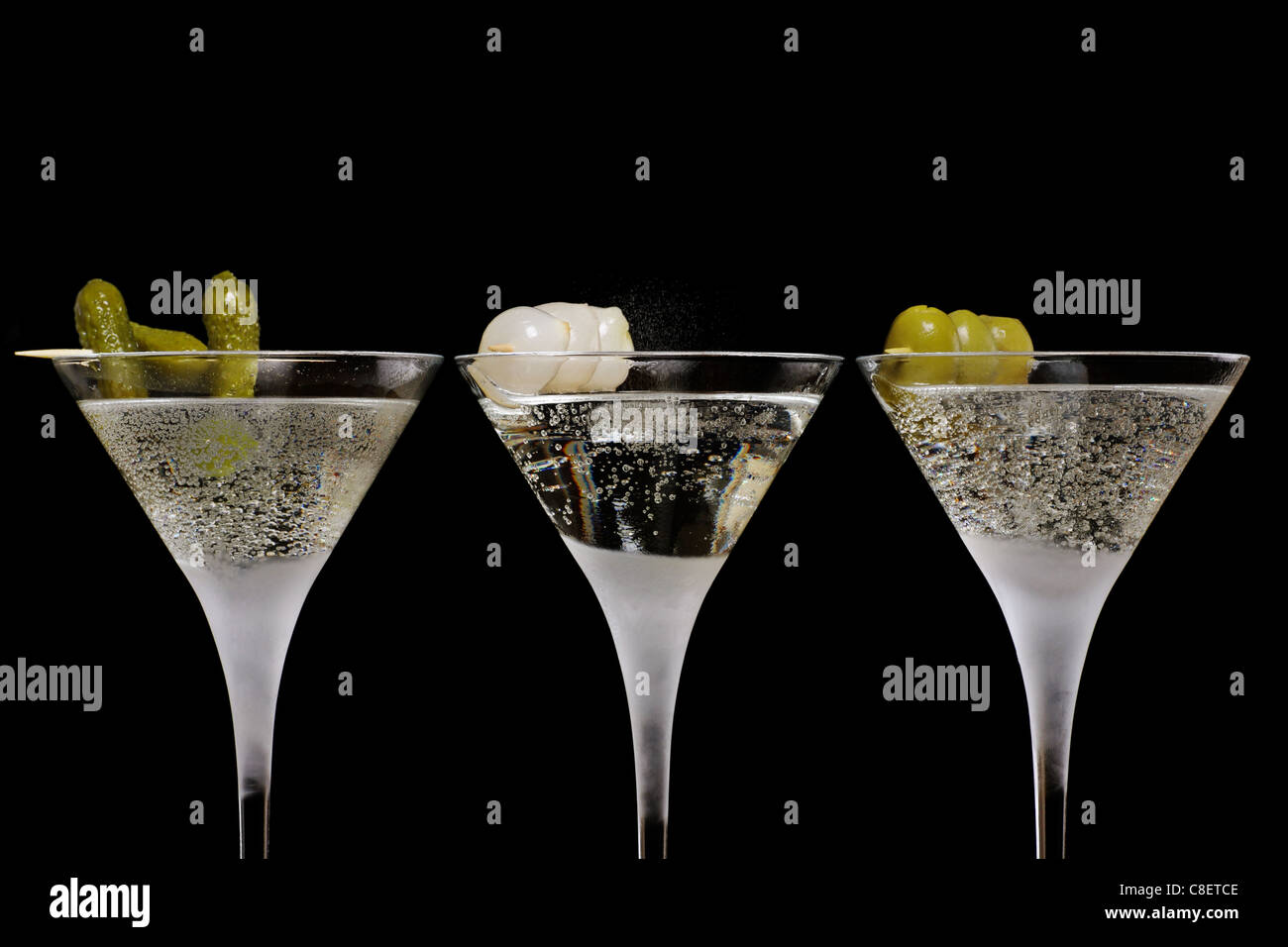 Tre cocktail in una fila, gin/martini/vodka ! Foto Stock