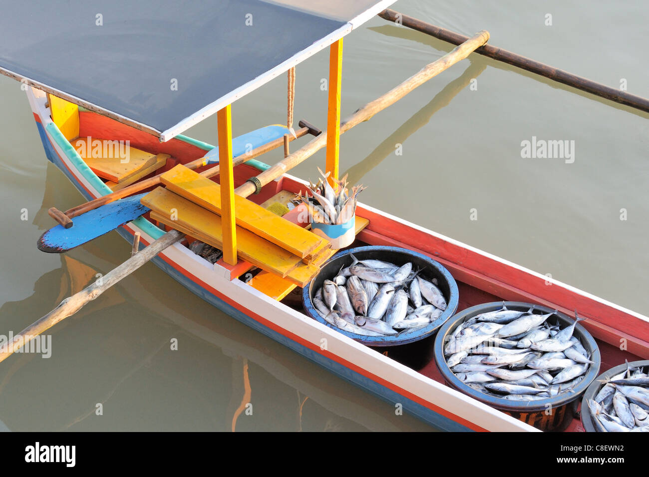 Vivacemente colorato asian outrigger boat azienda secchi di tonno Foto Stock