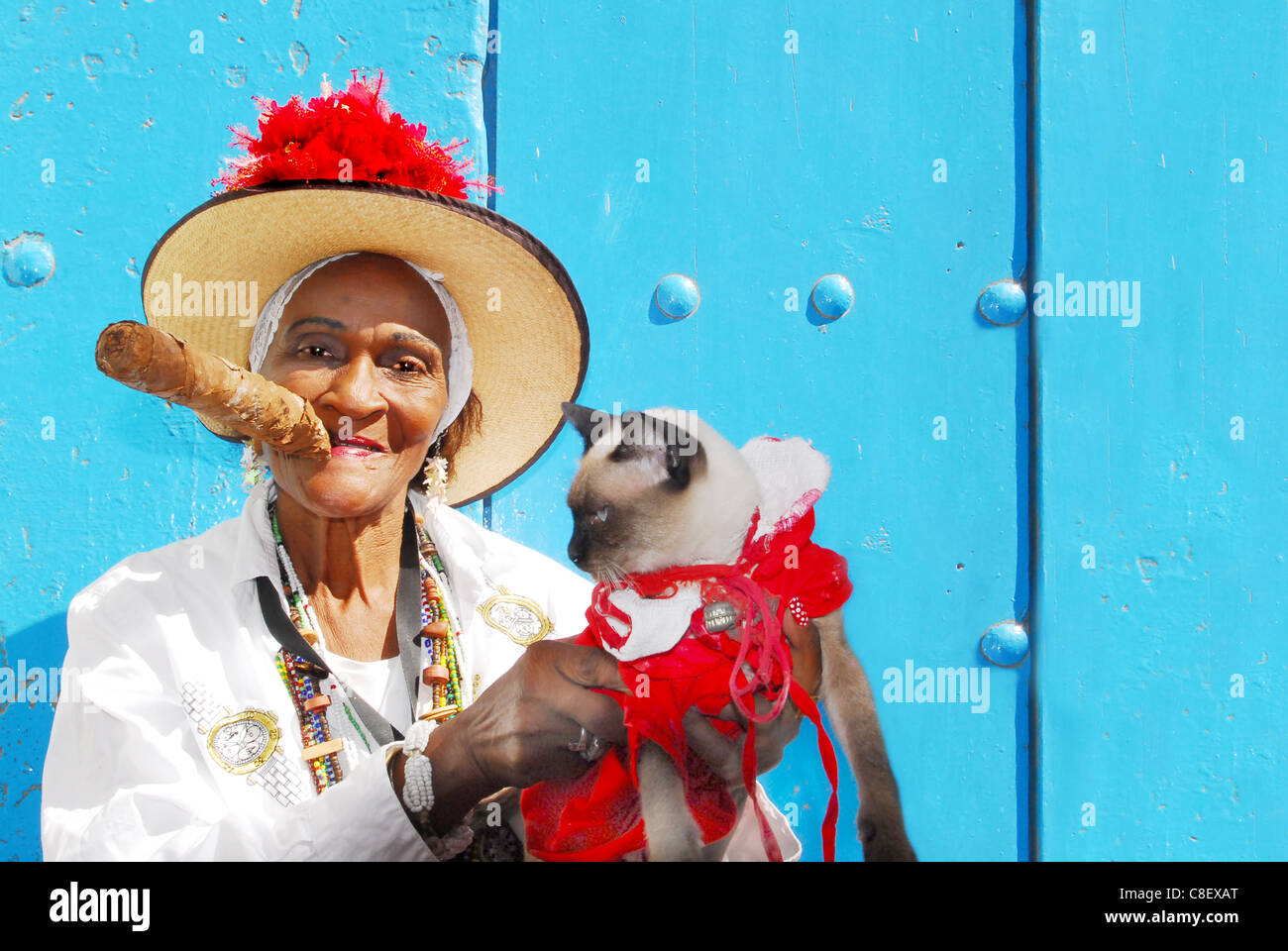 Signora cubano con gatto siamese gatto e big sigaro nelle strade di La Habana, Cuba Foto Stock