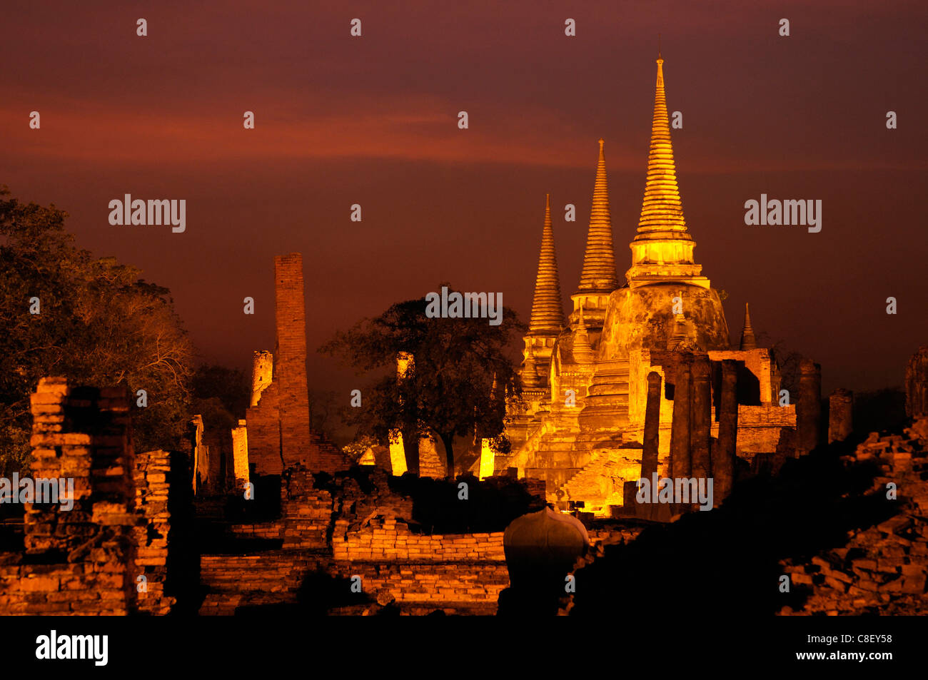 Di sera, colori, Wat Phra Si Sanphet, UNESCO Patrimonio Mondiale, sito, Ayutthaya, Thailandia, Asia, tempio Foto Stock