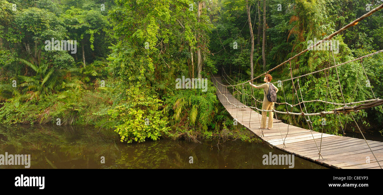 Ponte di sospensione e primitivo, donna, Creek, Khao Yai, parco nazionale, patrimonio mondiale, sito, Thailandia, Asia, Fiume Foto Stock