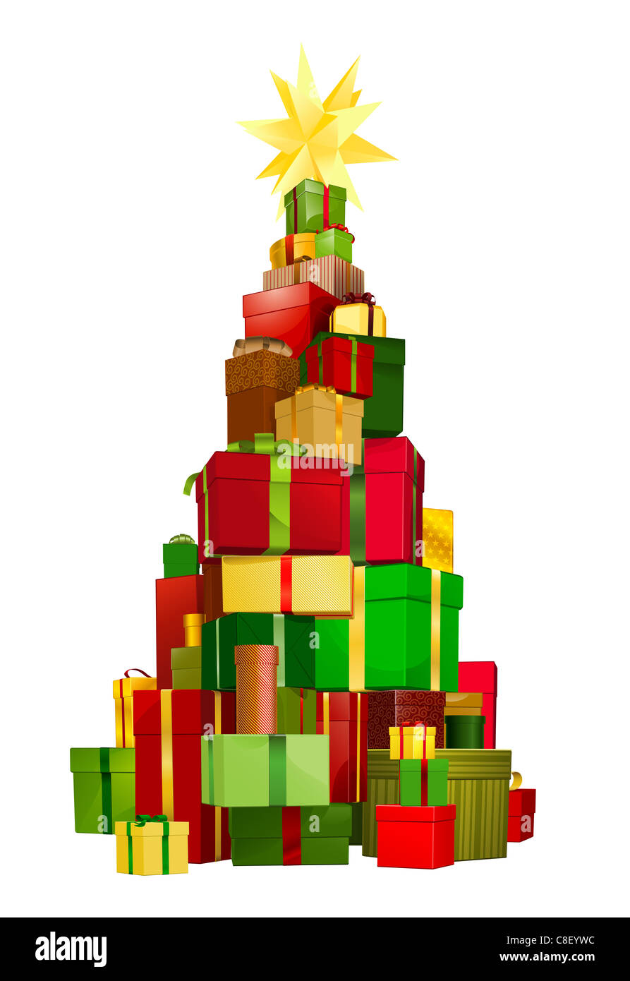 Illustrazione di una pila di doni impilati in un albero di Natale a forma di stella sulla parte superiore Foto Stock