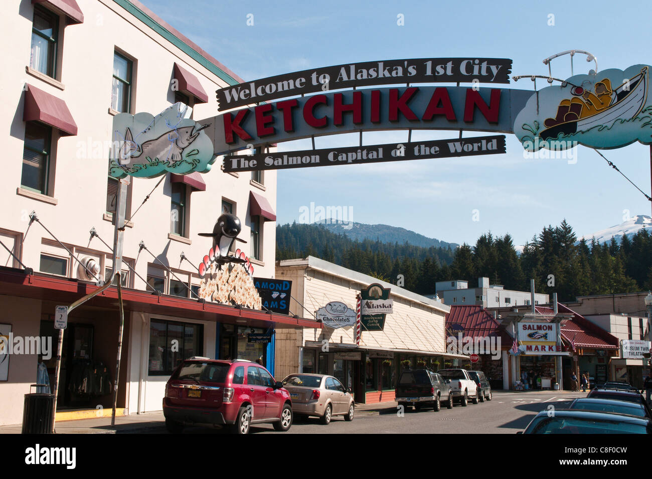 Strada principale Ketchikan, a sud-est di Alaska, Stati Uniti d'America Foto Stock