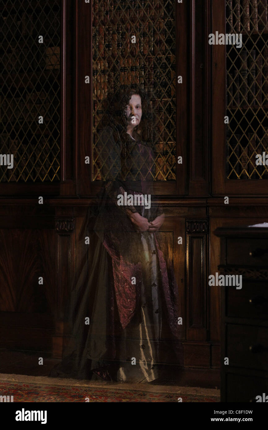 Una immagine fantasma di una donna in piedi di fronte a scaffali pieni di libri in una casa nobiliare Foto Stock