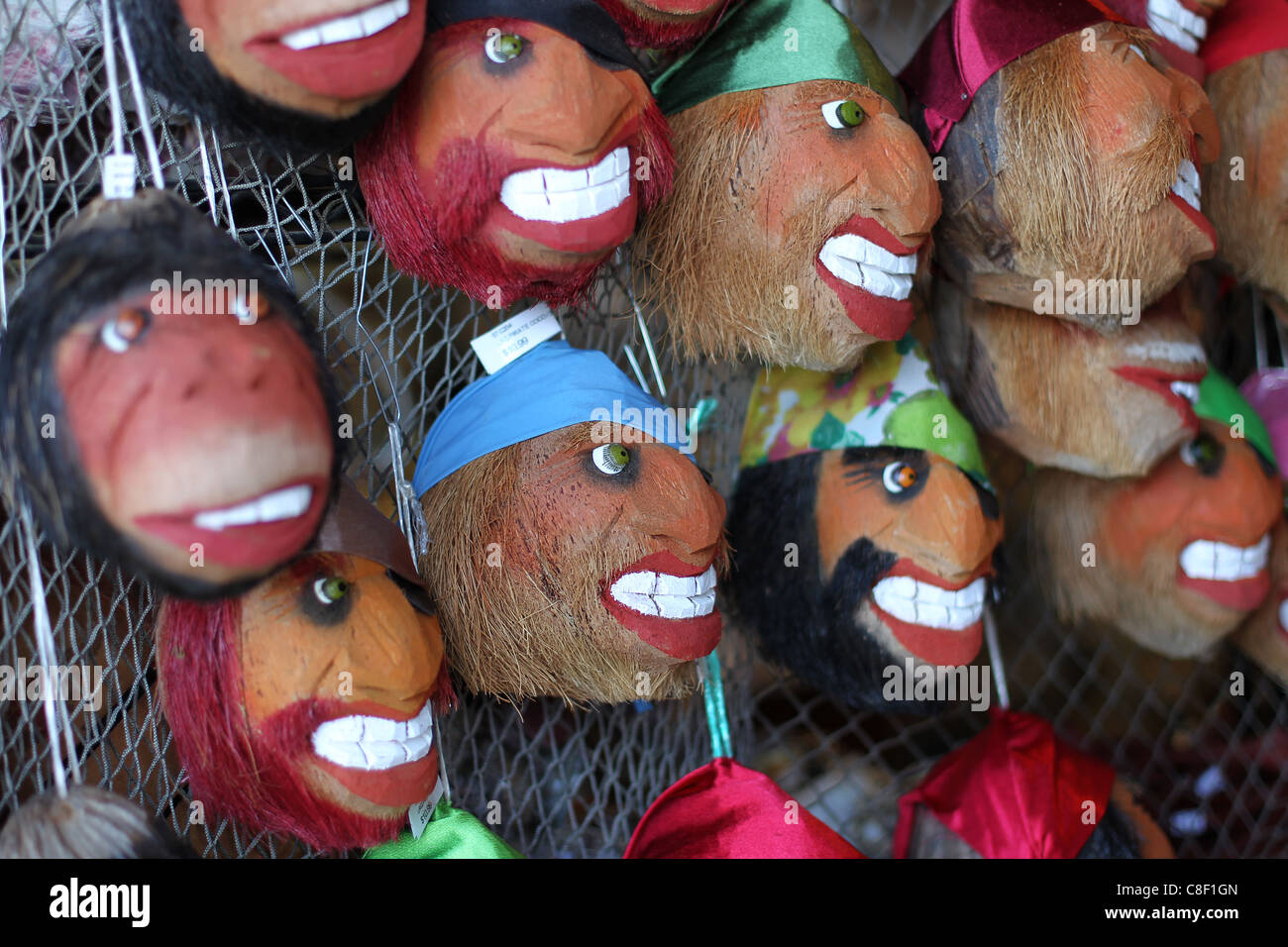 Noci di cocco con le facce dei pirati appendere in un negozio in Florida Foto Stock