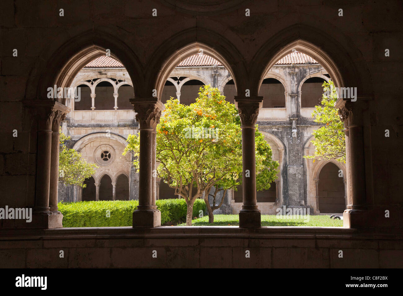 Il monastero di Alcobaca, giardino di clausura attraverso finestre gotiche Foto Stock