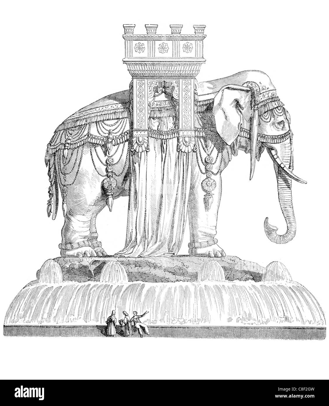 Progettazione fontana dell'Elefante Musée du Louvre Parigi fontane architettura molla riversa getti di bacino di alimentazione a getto di bere Foto Stock