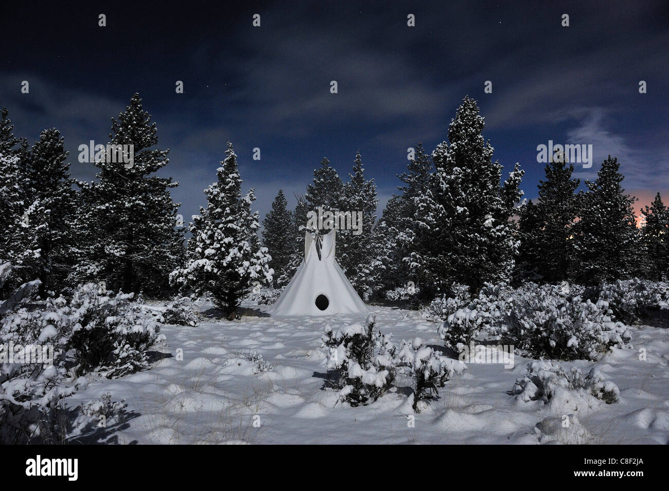 Tende tepee, neve al chiaro di luna, stelle High Desert, Oregon, Stati Uniti d'America, Stati Uniti, America, Foto Stock