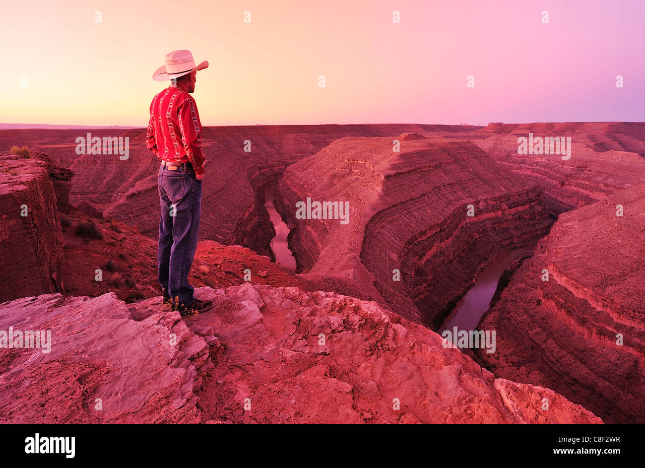 Snodi, Parco Statale, il fiume San Juan, Colorado Plateau, Utah, Stati Uniti d'America, Stati Uniti, America, uomo, cercando, canyon, cowboy Foto Stock