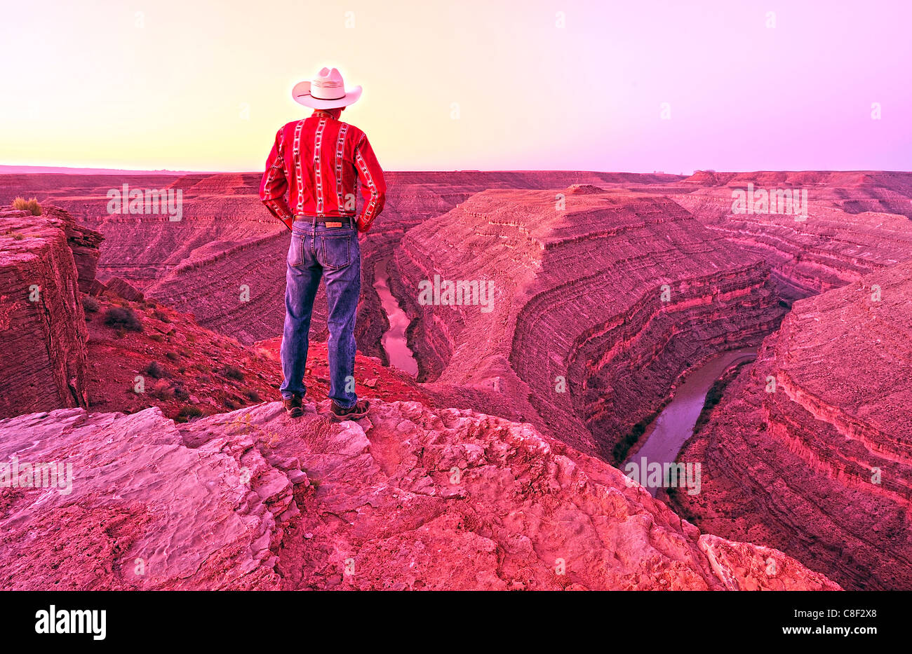 Snodi, Parco Statale, il fiume San Juan, Colorado Plateau, Utah, Stati Uniti d'America, Stati Uniti, America, uomo, cercando, canyon, cowboy Foto Stock