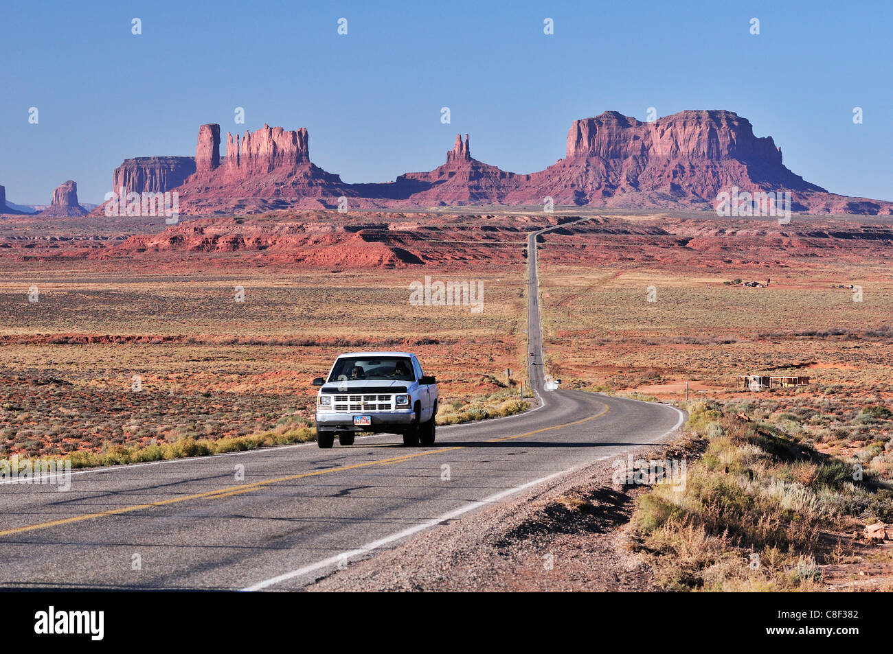 Autostrada, 163, Monument Valley, Colorado Plateau, Utah, Stati Uniti d'America, Stati Uniti, America, paesaggio, strada, lunga, diritta Foto Stock