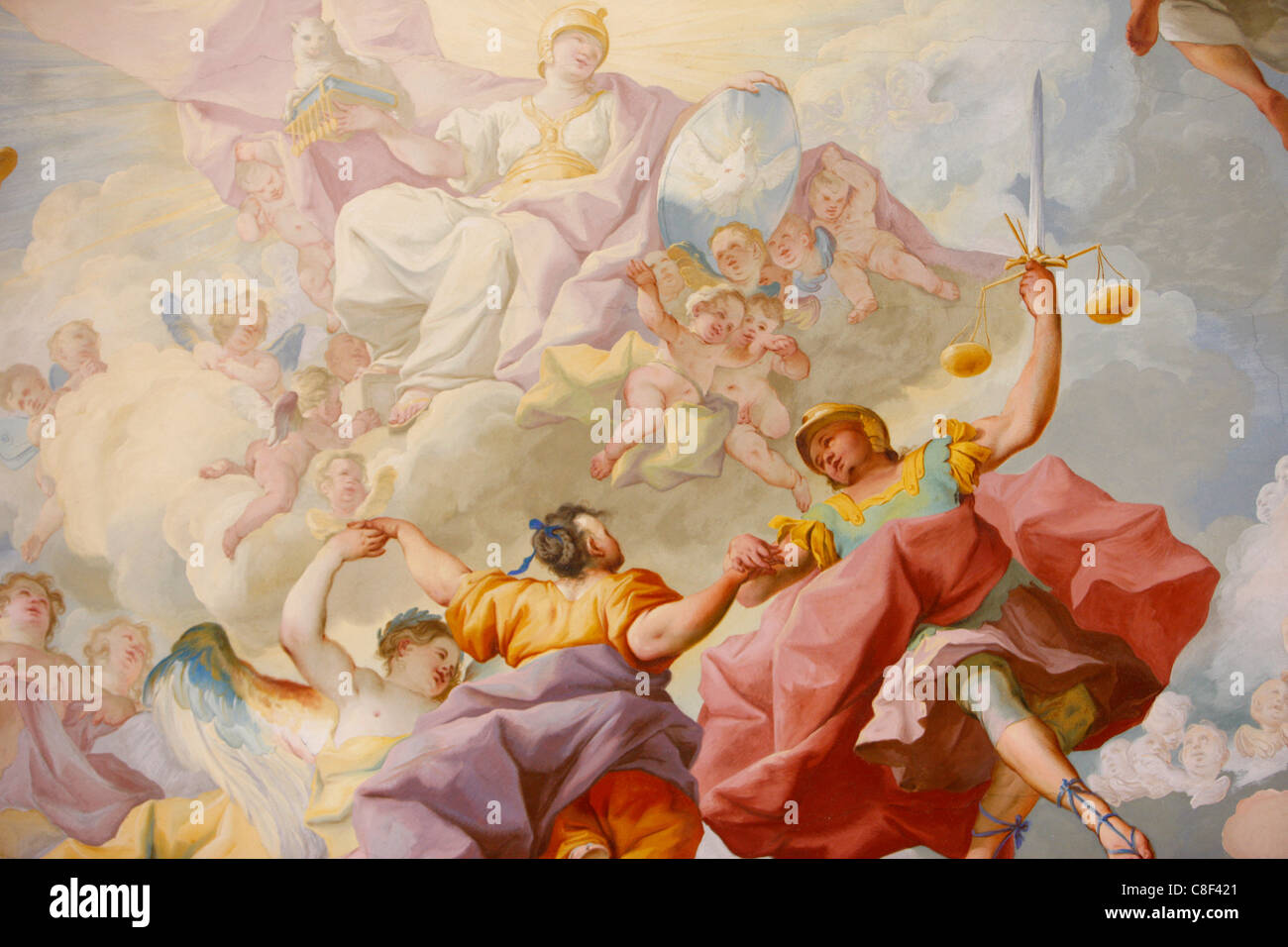 L'Abbazia di Melk affresco della Biblioteca di Giustizia di Paul Troger risalente al 1732, l'Abbazia di Melk, Melk, Austria Inferiore, Austria Foto Stock