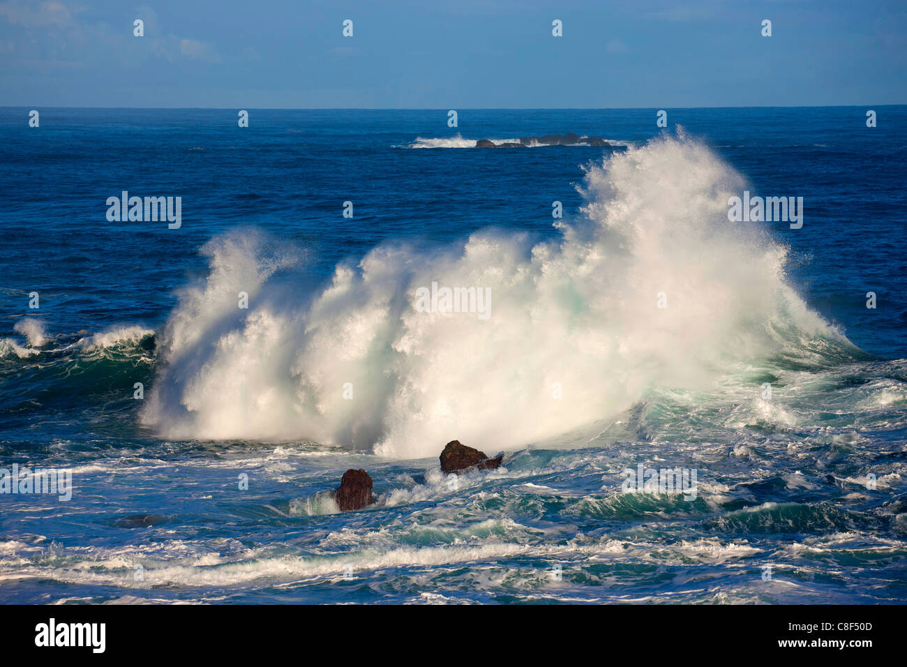 Porto Moniz, Portogallo, Europa, Madera, costa, mare, Atlantic, acqua, onde, schiuma, elemento naturale vigore, energia Foto Stock