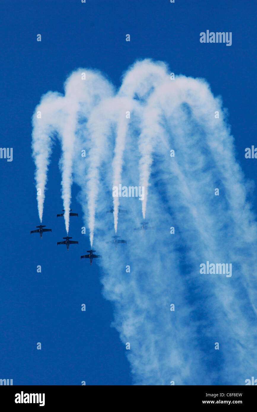 L-39C Albatros velivoli da il Breitling Jet Team volare in formazione e lasciando i sentieri di fumo nel cielo durante airshow acrobatico su Tel Aviv Israele Foto Stock