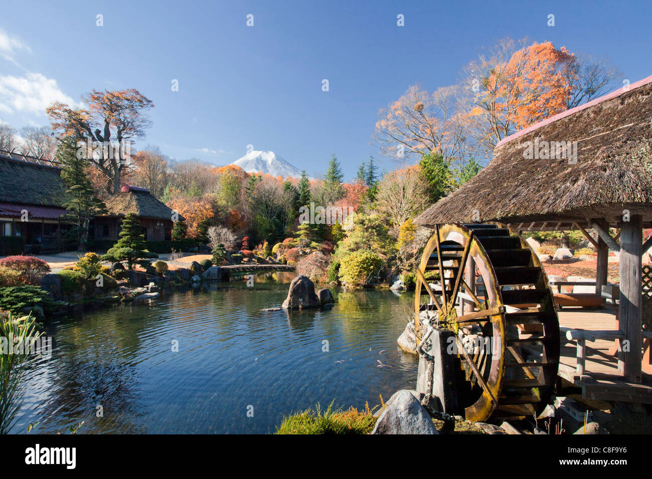 Giappone, Novembre, Asia, Monte Fuji, villaggio, Oshino, Masuno-Ya protezioni, giardino, stagno, waterwheel, idilliaco, Asia Foto Stock