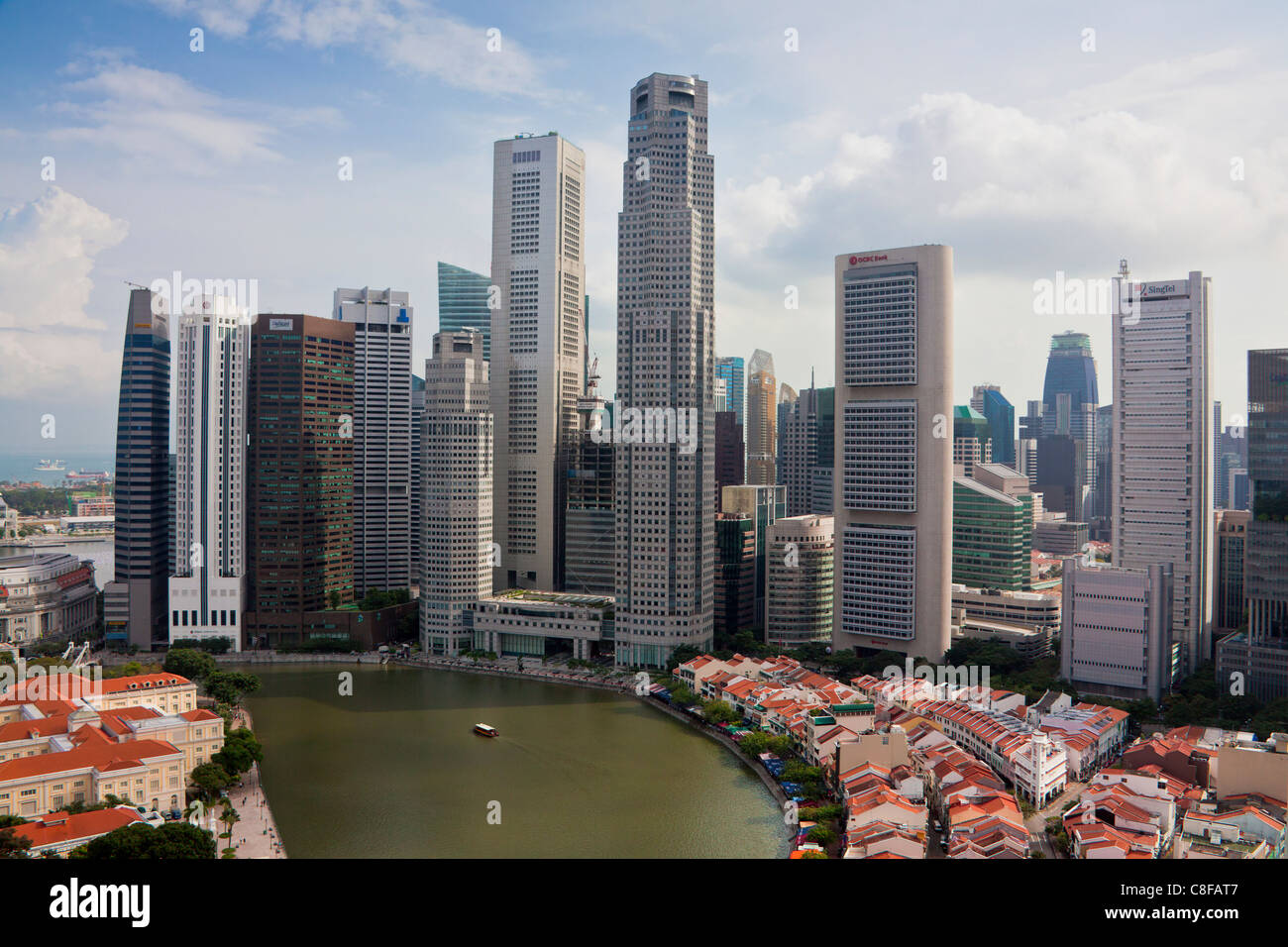 Singapore, Asia, distretto, Raffles Square, Skyline, i blocchi di appartamenti, edifici ad alta, case, case, contrasto, fiume, flusso, Foto Stock