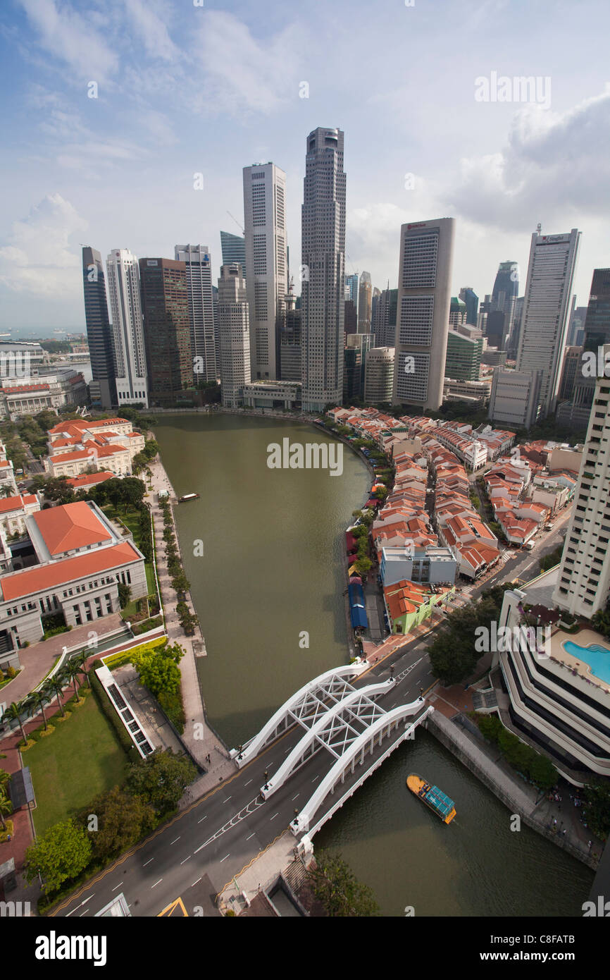 Singapore, Asia, distretto, Raffles Square, Skyline, i blocchi di appartamenti, edifici ad alta, case, case, contrasto, fiume, flusso, Foto Stock
