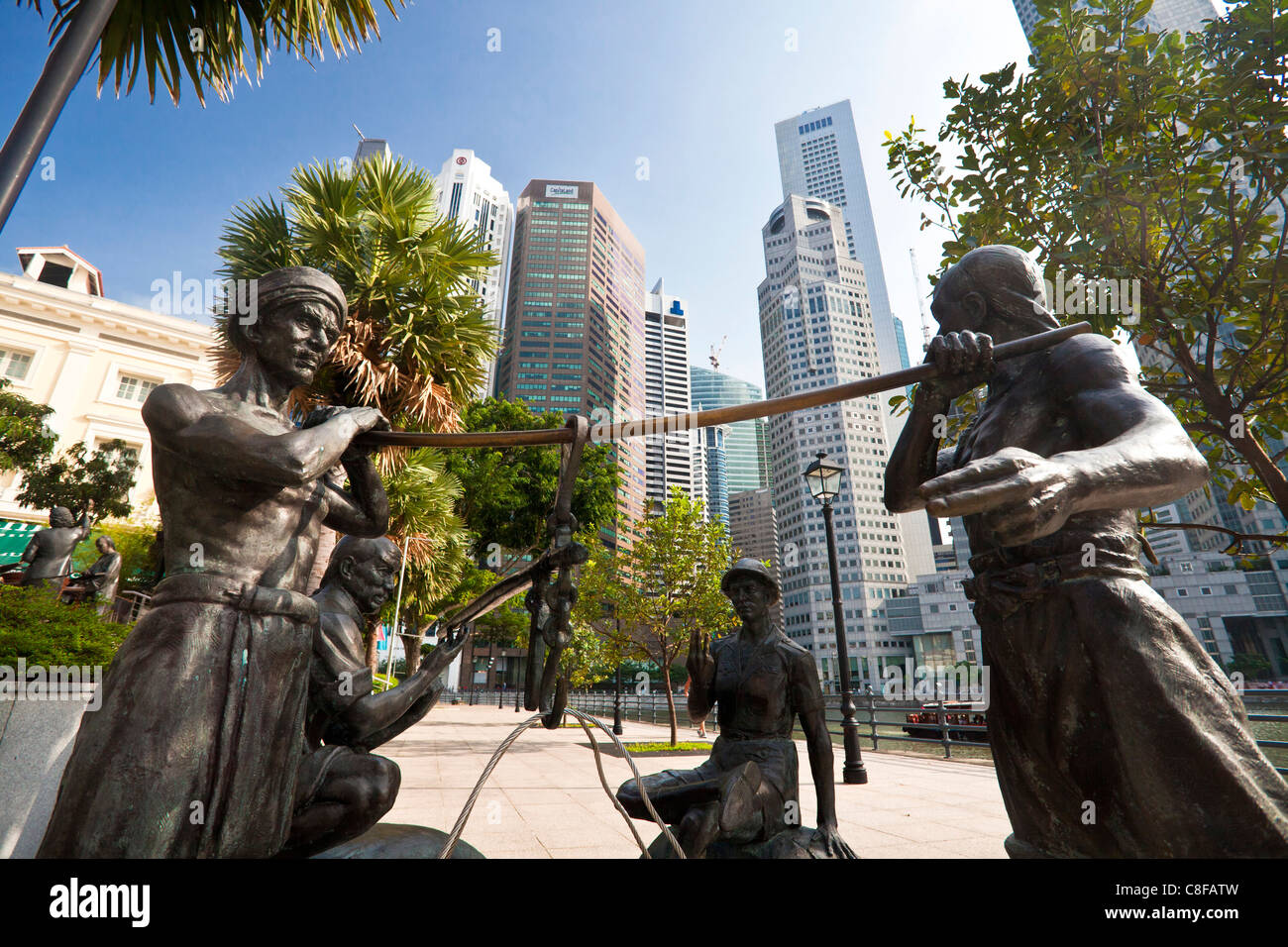 Singapore, Asia, paese, città, Downtown, il quartiere degli affari, sculture, i blocchi di appartamenti, edifici ad alta, luogo Foto Stock