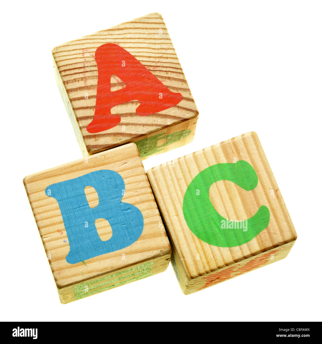 Lettere di legno ABC isolato su sfondo bianco Foto Stock