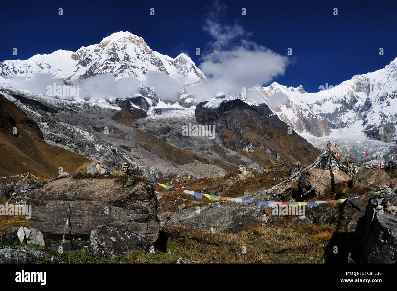 Annapurna gamma himalayana visto da di Annapurna Base Camp, Annapurna Area di Conservazione, Gandaki, (Pashchimanchal, Nepal Foto Stock