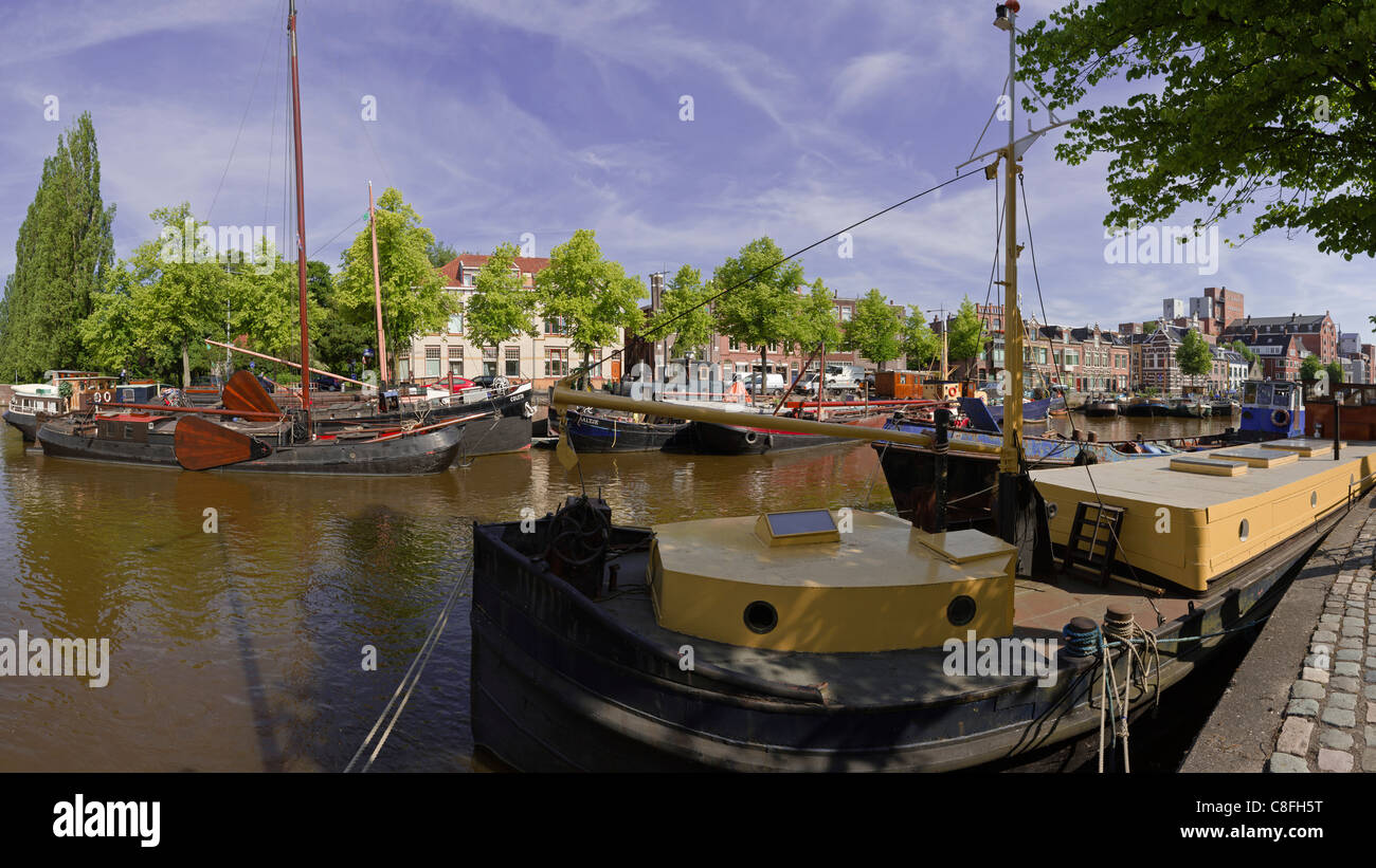 Paesi Bassi, Europa, Olanda, Groningen, vecchio, navi, Noorderhaven, città, villaggio, acqua, estate, navi, barca, Foto Stock