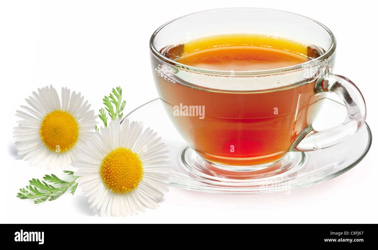 La camomilla tè su uno sfondo bianco. Foto Stock