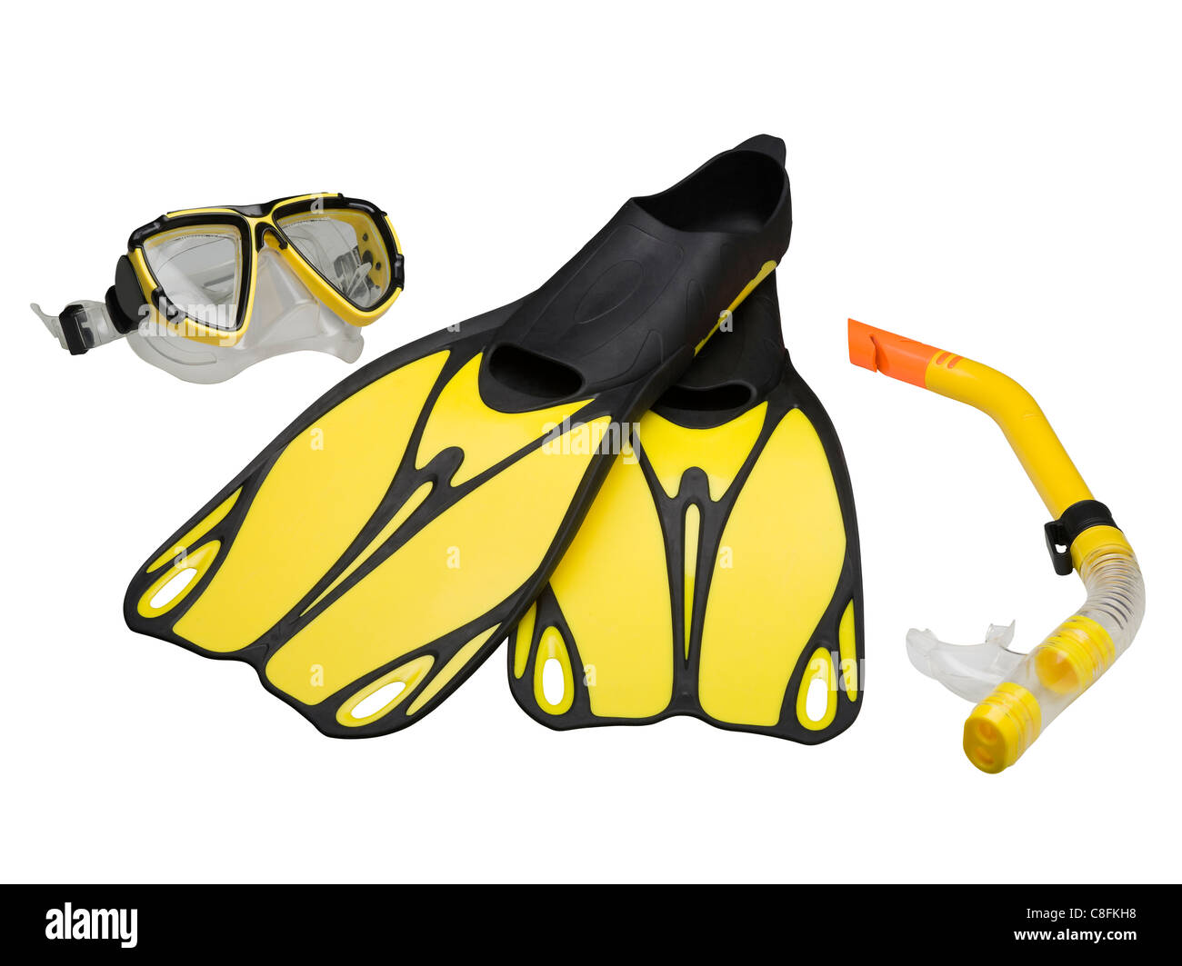Le pinne, maschera e snorkel (percorso di clipping) su sfondo bianco Foto Stock