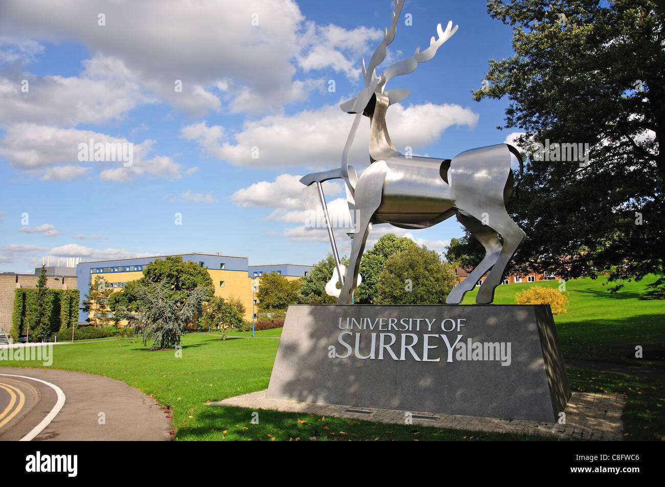 Ingresso segno della scultura, dell'Università del Surrey, feste di addio al celibato Hill, Guildford, Surrey, England, Regno Unito Foto Stock