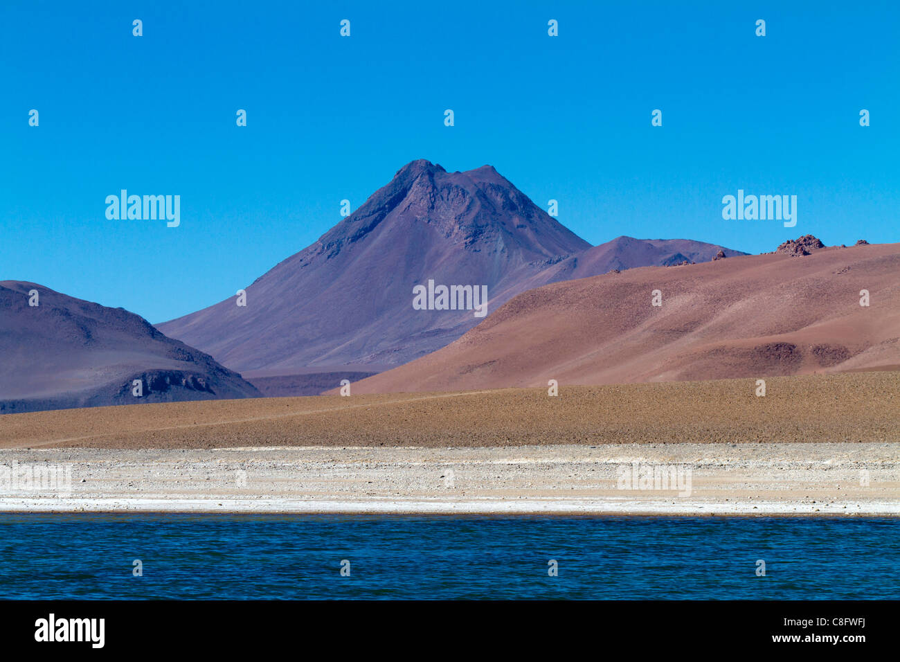 Un vulcano vola dietro Pujsa Salt Lake, il Deserto di Atacama, Cile Foto Stock