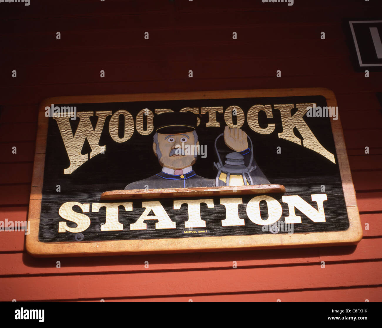 Stazione di Woodstock segno, Woodstock, Windsor County, Vermont, Stati Uniti d'America Foto Stock