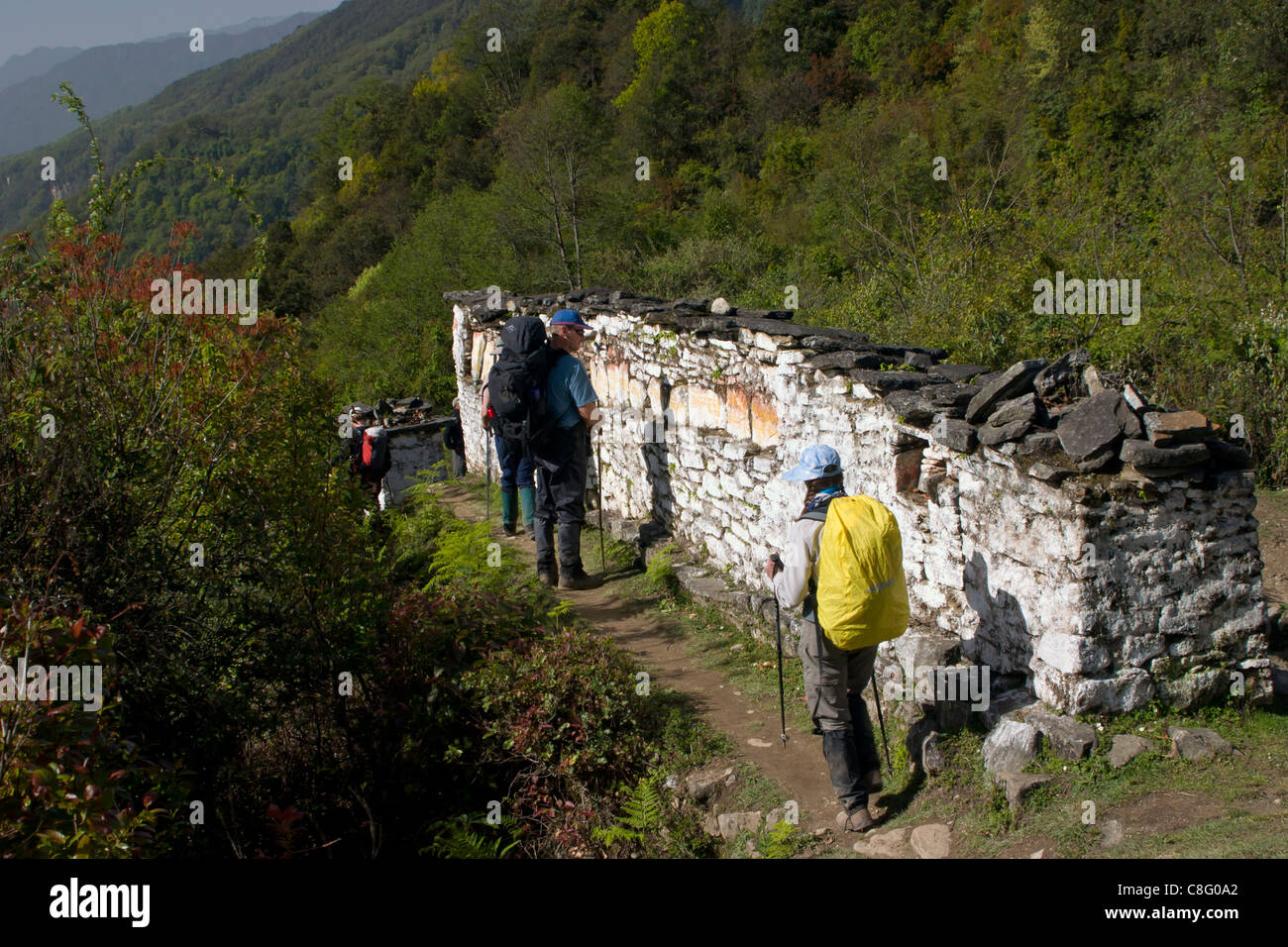 Gli escursionisti esaminando un mani parete vicino Gasa Foto Stock