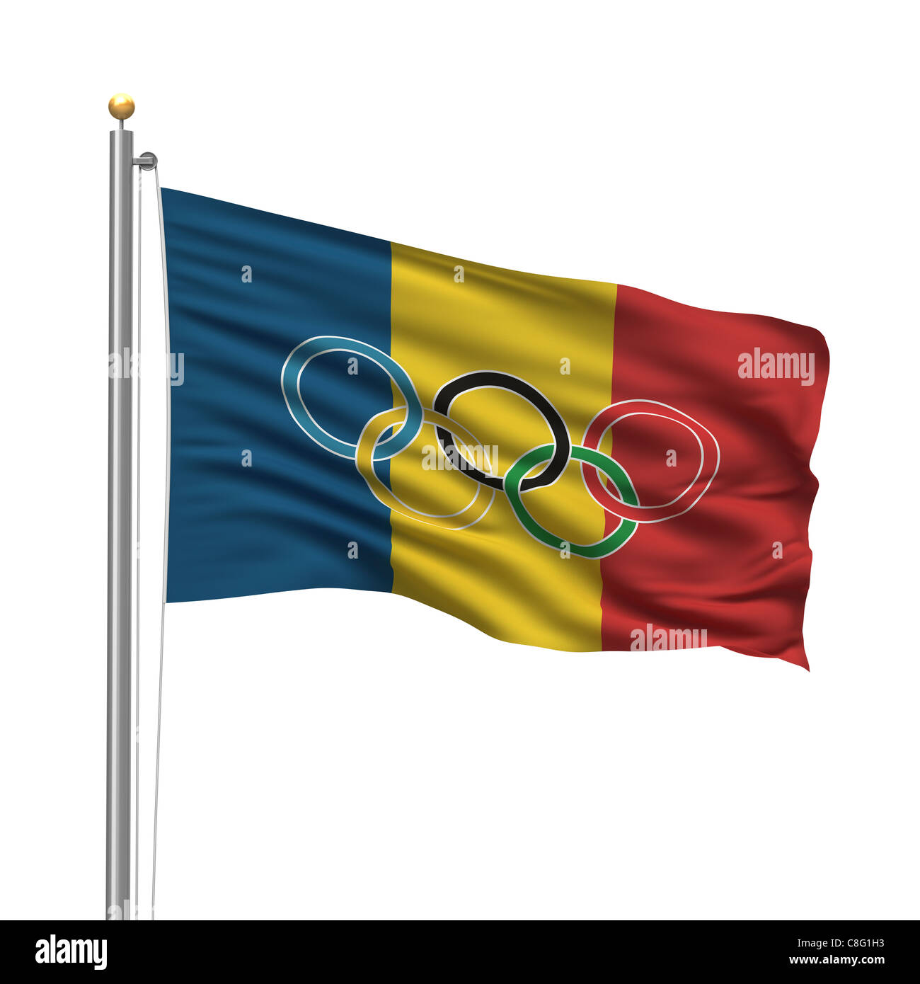 Bandiera della Romania con anelli olimpici Foto Stock