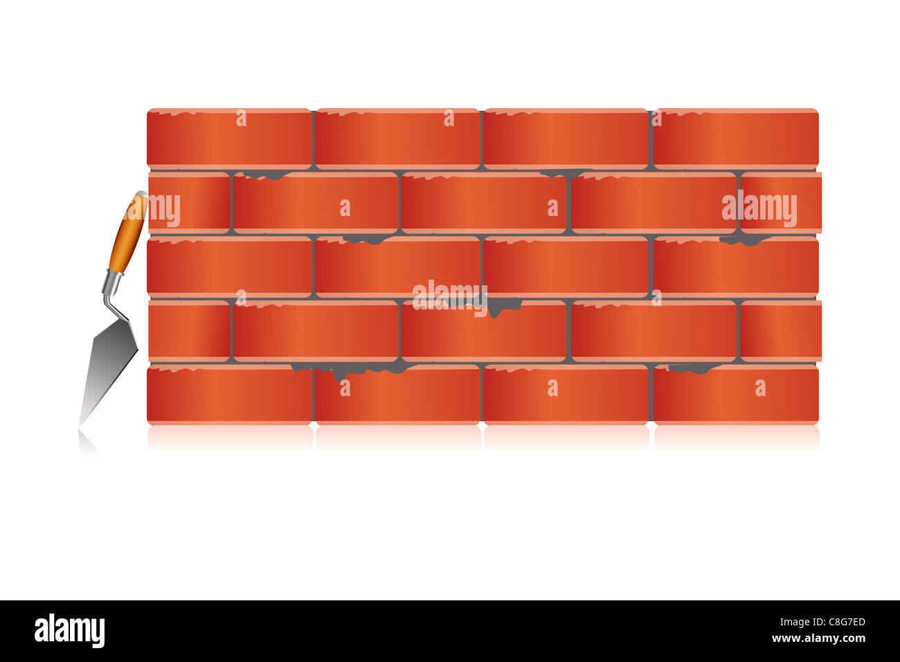 Illustrazione di un muro di mattoni con attrezzo su sfondo bianco Foto Stock