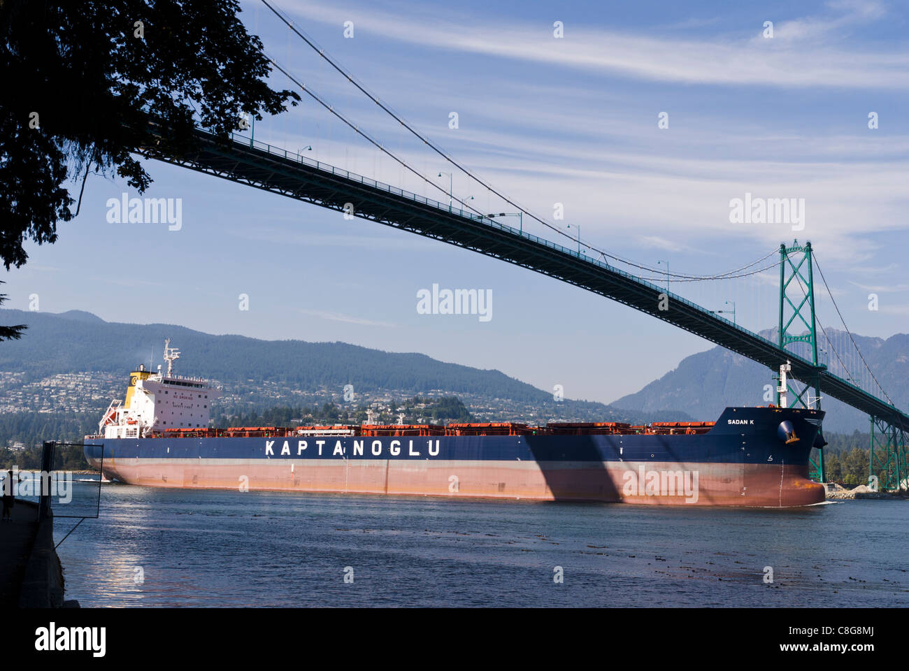 Una nave da carico passa sotto il Ponte Lions Gate nel porto di Vancouver Foto Stock