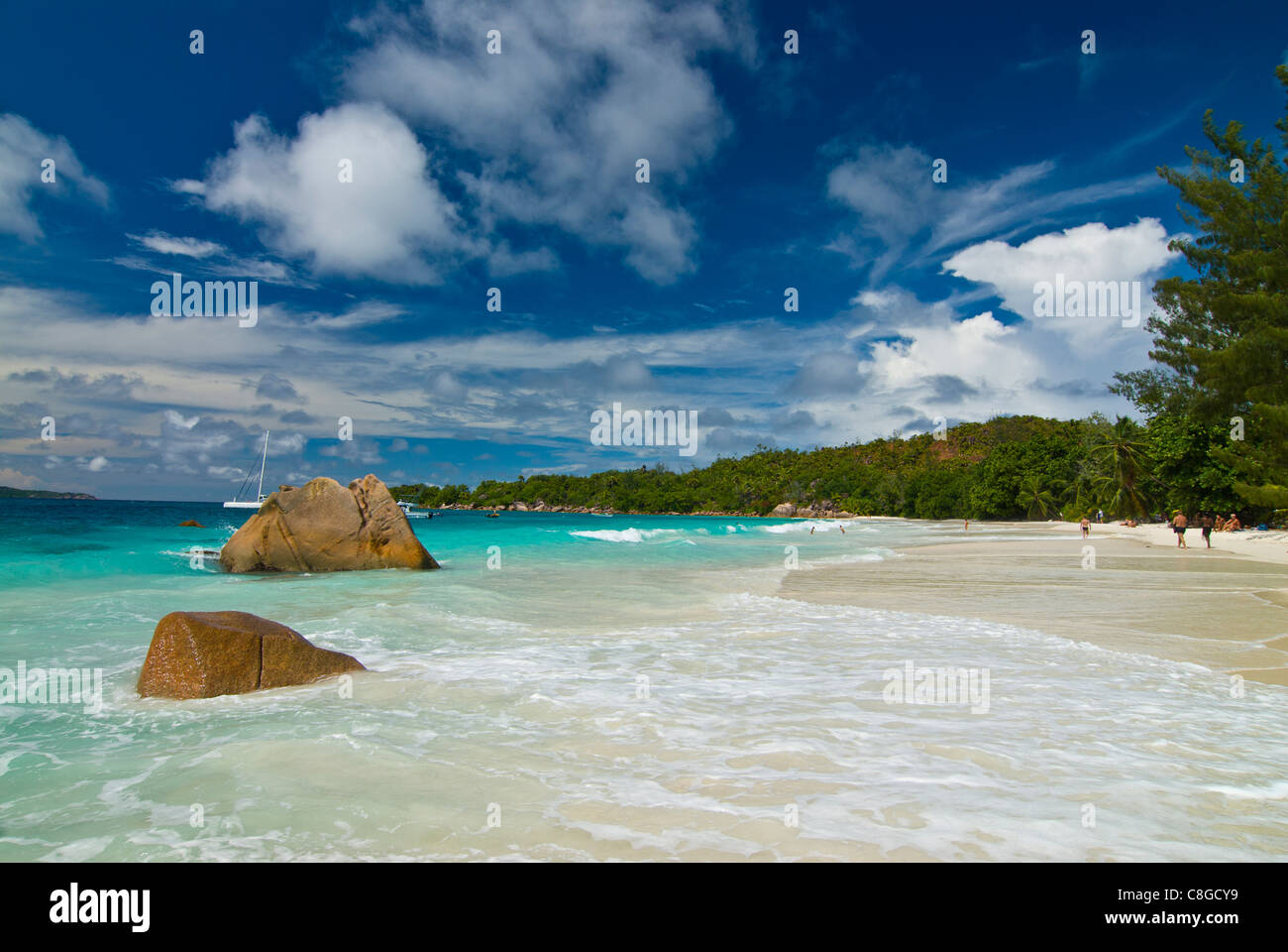 Famosa spiaggia di Anse Lazio, Praslin, Seychelles, Oceano Indiano Foto Stock