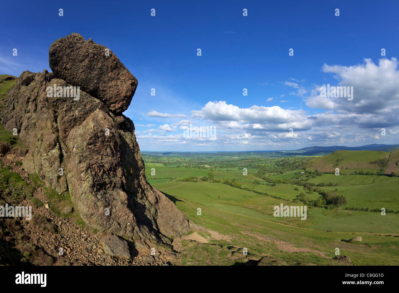 Caer Caradoc rocce e paesaggio inglese vicino a Cardington, Church Stretton Hills, Shropshire, England, Regno Unito Foto Stock