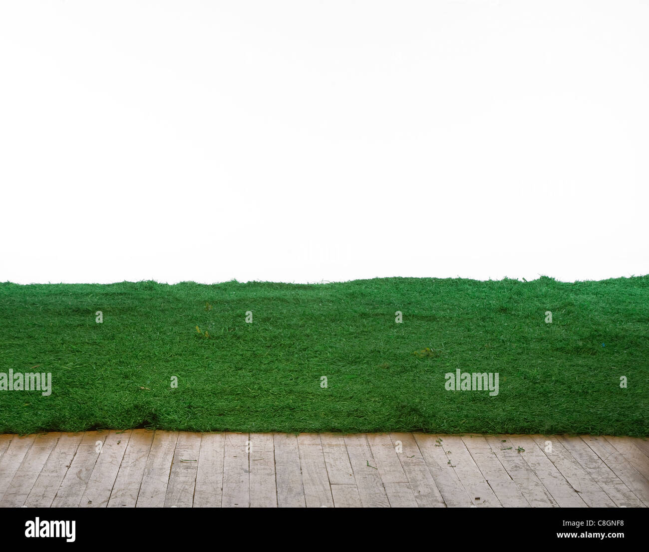 Di erba artificiale su un pavimento di legno con appeso un sfondo Foto Stock