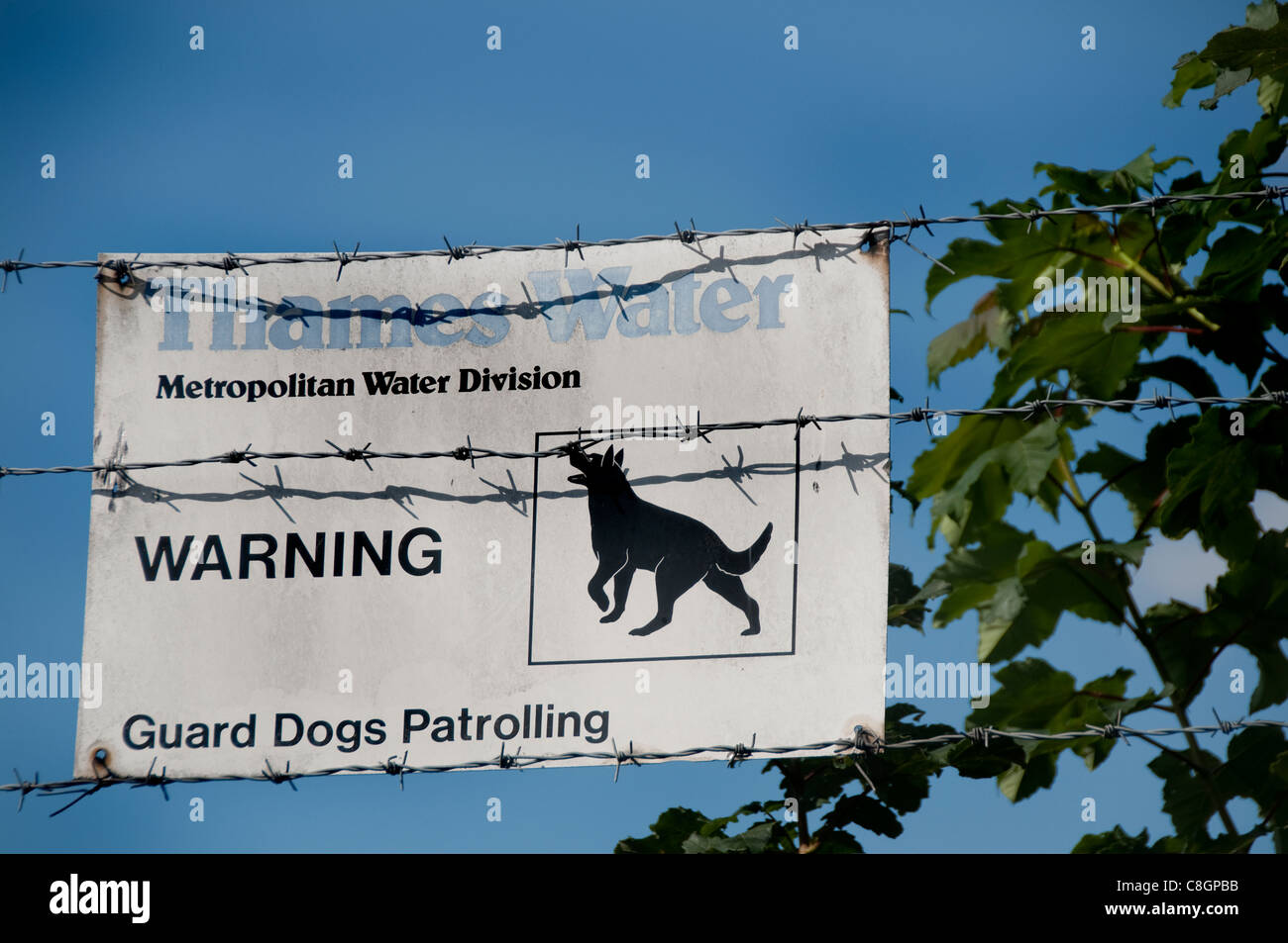 Avviso di sicurezza che i locali sono sorvegliati e pattugliato da cani da guardia Foto Stock