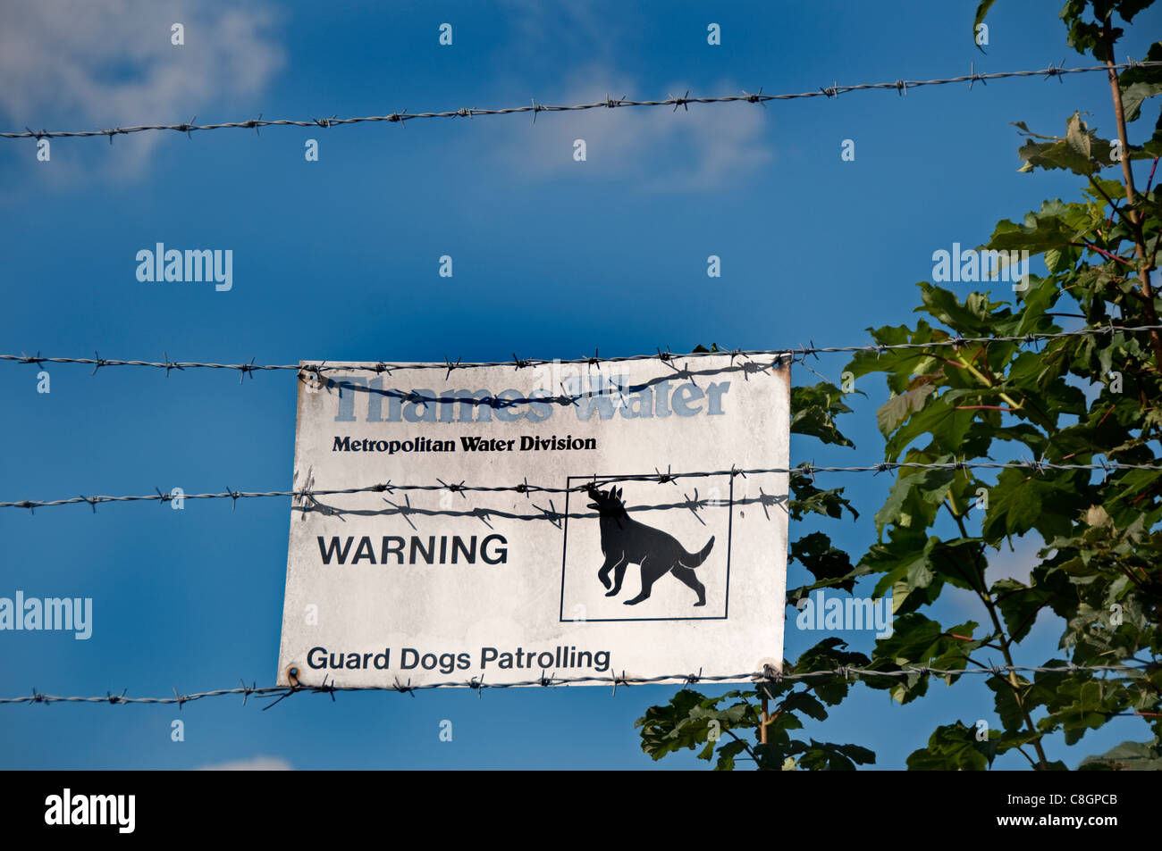 Avviso di sicurezza che i locali sono sorvegliati e pattugliato da cani da guardia Foto Stock
