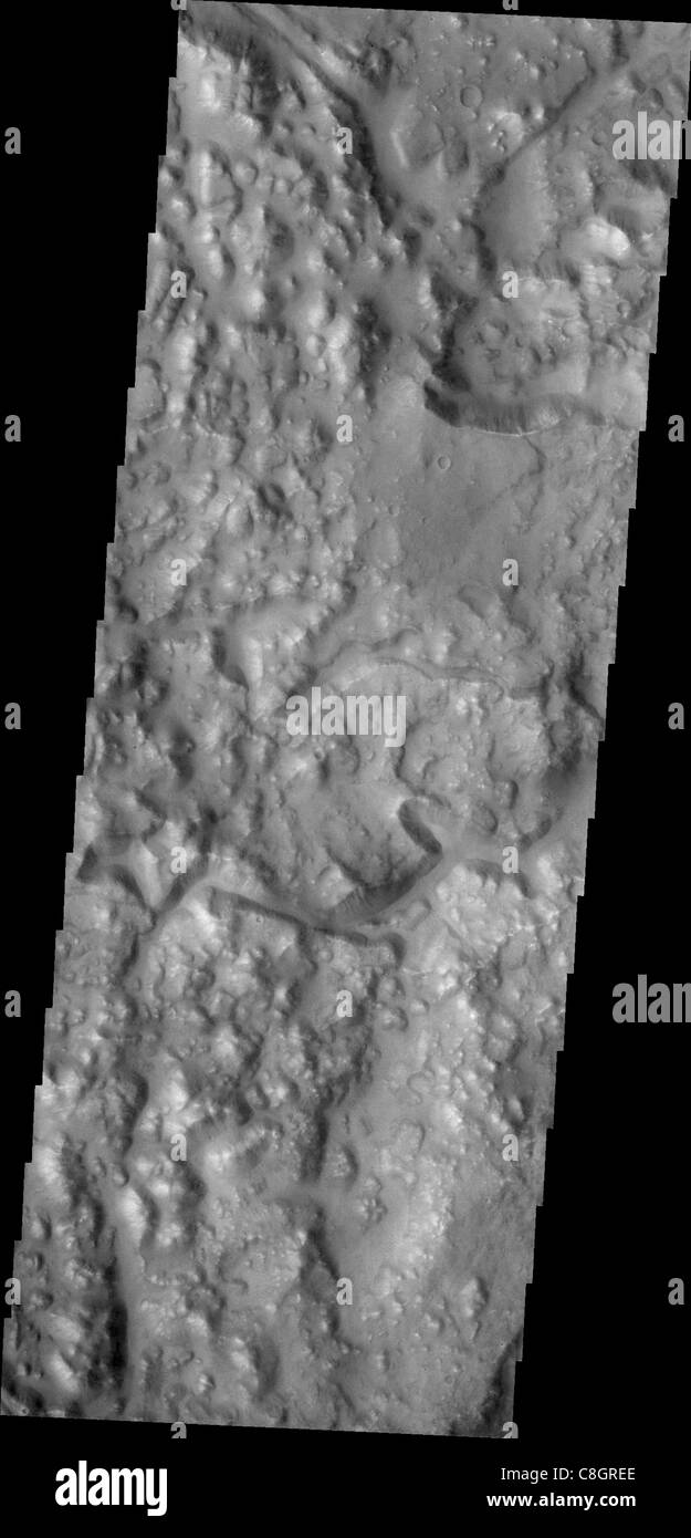 La regione di Iani Chaos su Marte, catturata in un modello 3D, mostra le caratteristiche del terreno del pianeta come crateri, valli e formazioni rocciose, sulla base dei dati dei Mars rovers e degli orbiter. Foto Stock