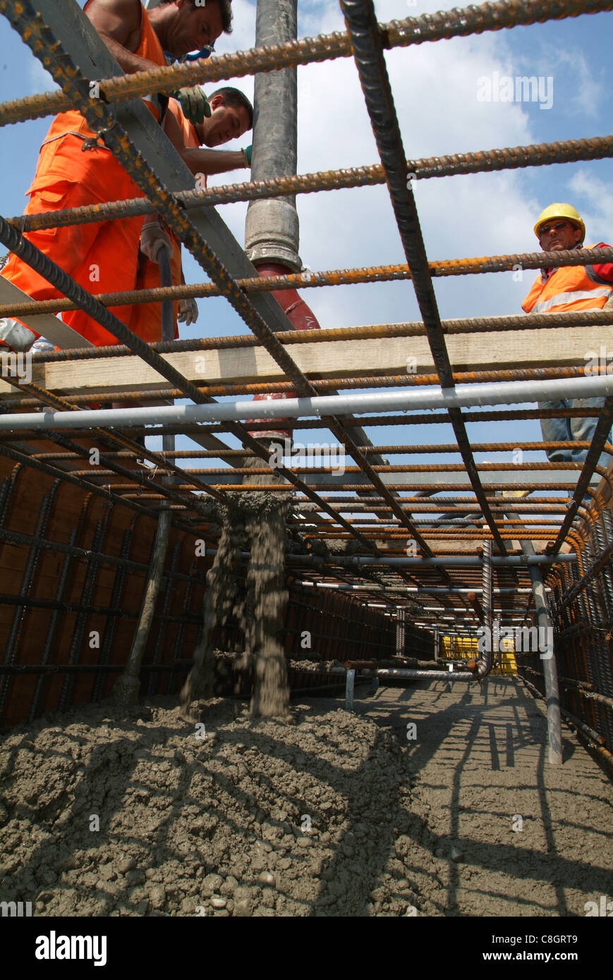 La costruzione, la costruzione di strade, calcestruzzo, cemento, ferro calcestruzzo, Foundation Foto Stock