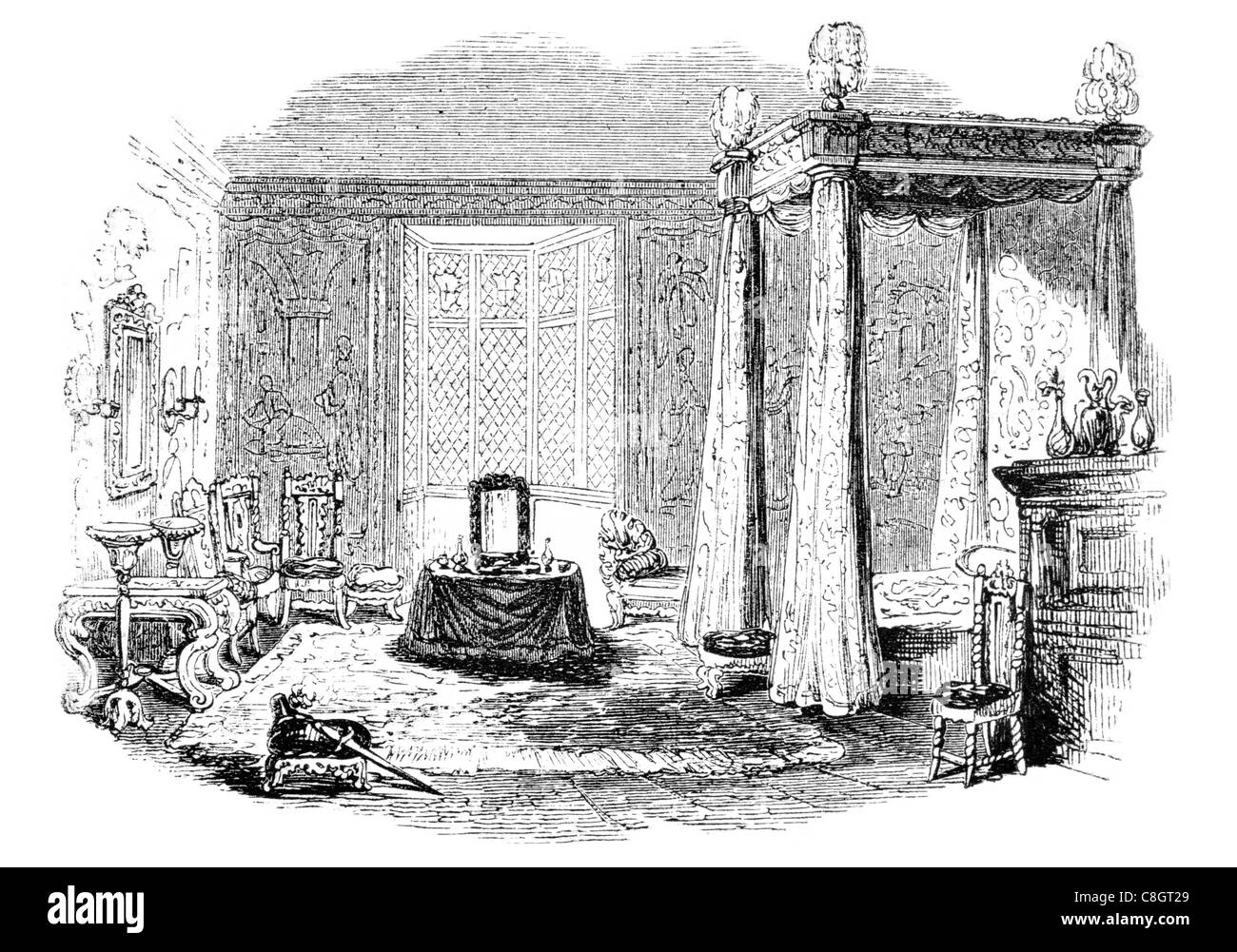 Mobili da camera da letto regno di Giacomo I re regal Imperiale regio dominatrice sovrana monarch potentato incoronato imperatore di testa Foto Stock