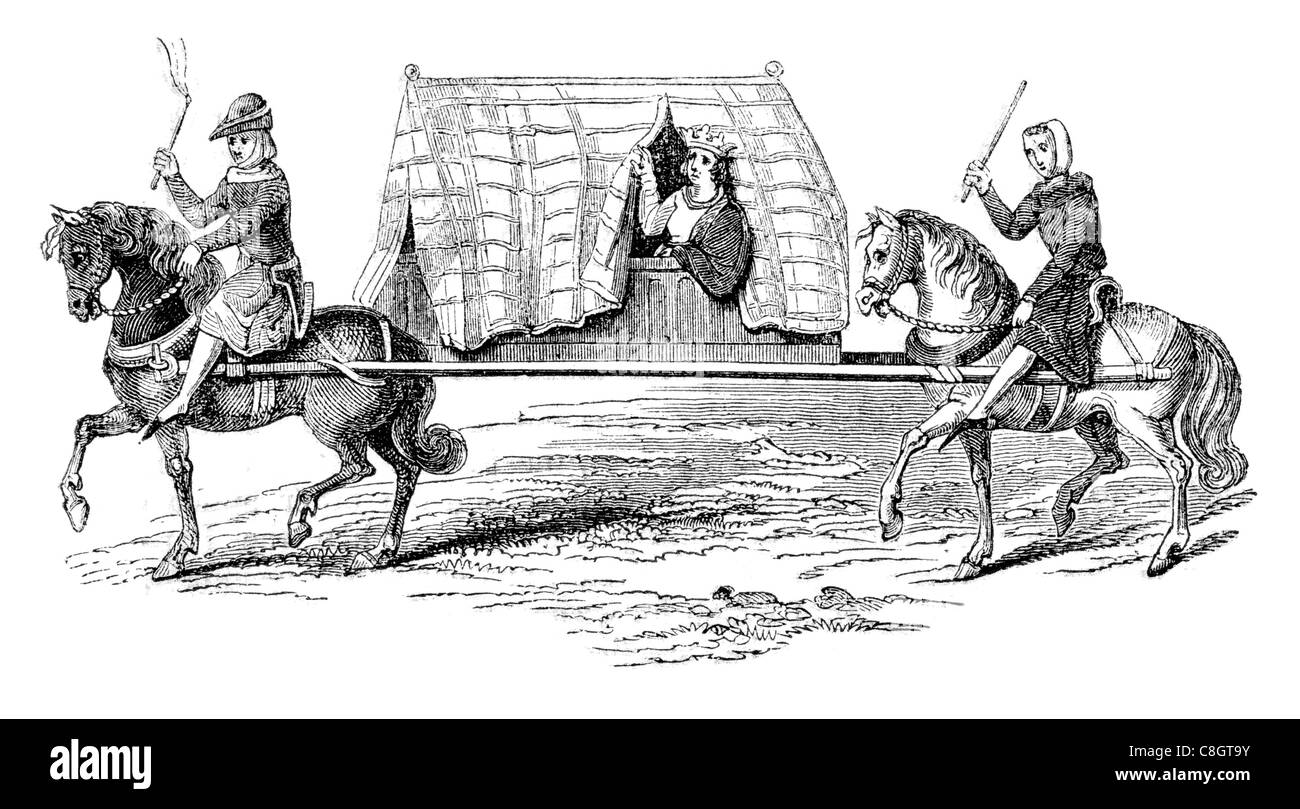Due lettiera per cavalli del XIV secolo veicoli wheelless human powered trasporto jiao lectica sedan sedie palanquin palki Woh giao gama Foto Stock