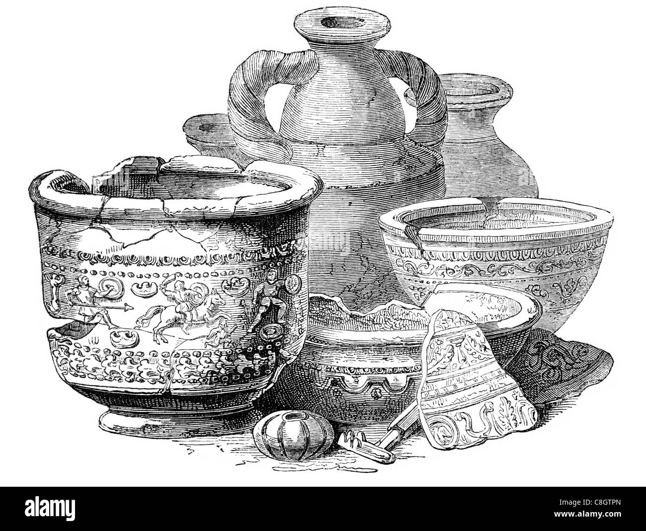 Frammenti di ceramiche romane scavate fino a Londra terraglie ceramiche da tavola oggetto decorativo di argilla a sfere di quarzo di caolino Foto Stock