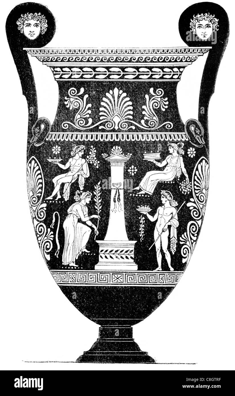 Nero etrusco figura vaso 7 di pittura iv a.c. Gli Etruschi greco Etruria ceramiche decorate riccamente vasi grave Corinto dèi del Mar Nero Foto Stock
