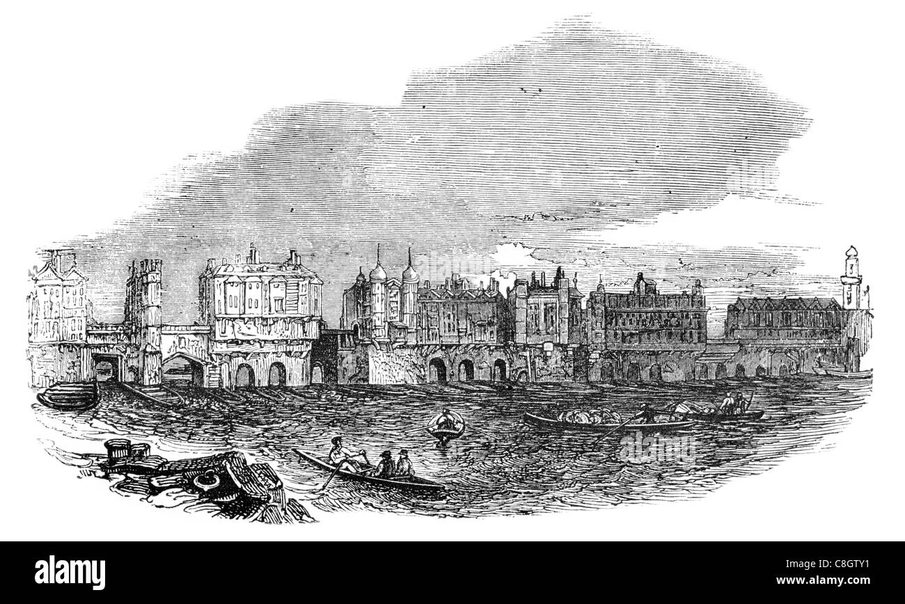 Il vecchio ponte di Londra 1760 Southwark Cathedral dentato per teste di testa eseguito criminali criminam pena capitale fiume di esecuzione Foto Stock